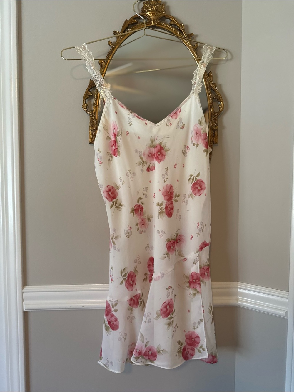 Vintage Floral Lace-Trim Slip Dress — White with Pink Roses